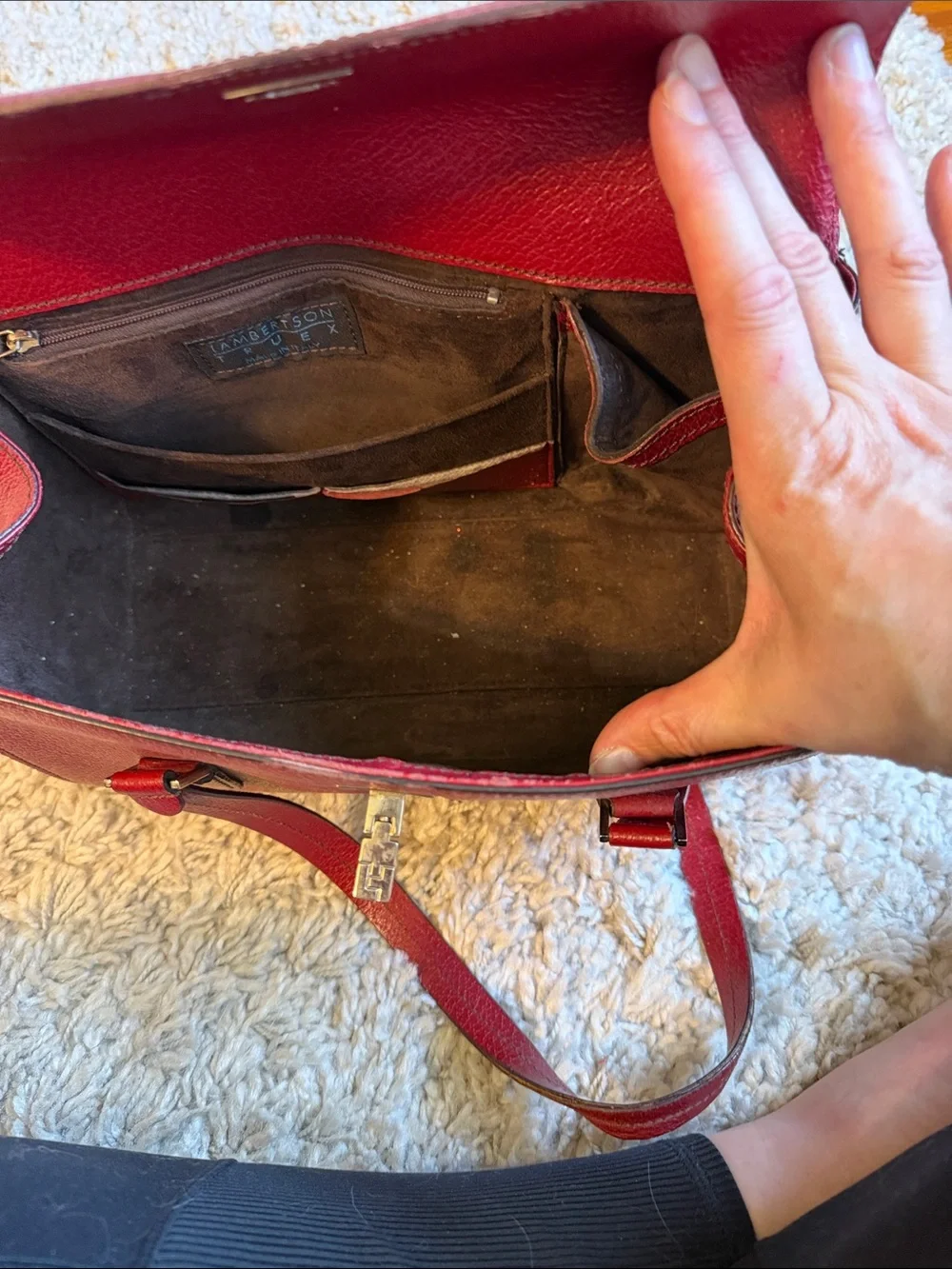 Lambertson Truex Womens Leather Turn Lock Clasp Satchel Shoulder Bag Red